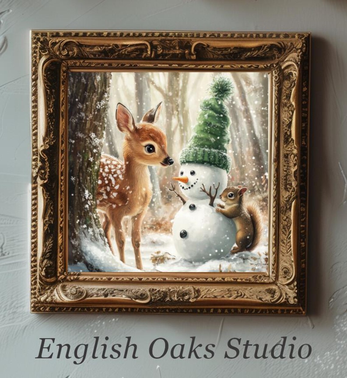 Fawn Squirrel And Snowman In Snowy Forest Winter Friends Poster