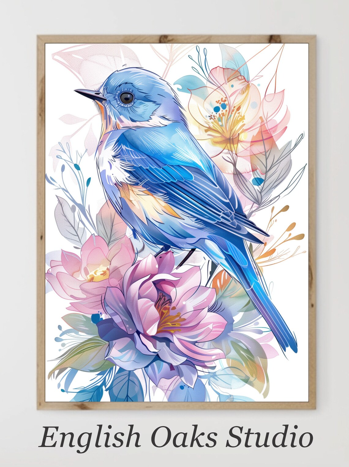 Blue Bird Flowers Watercolor Bird Botanical Art Print