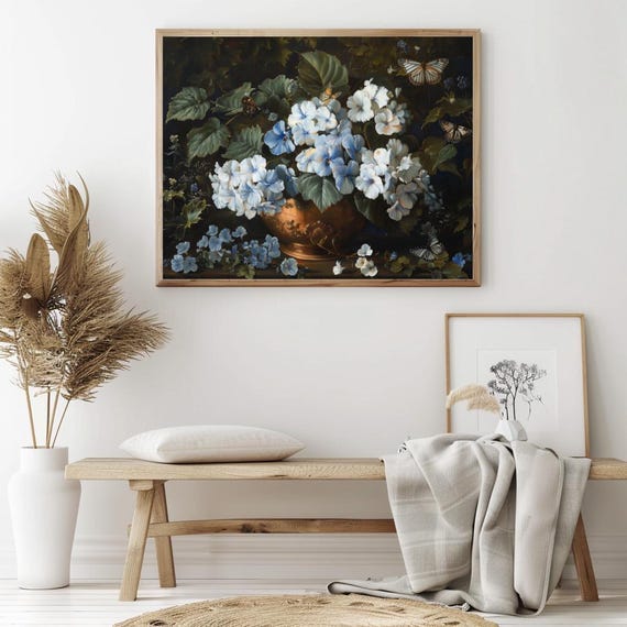 Moody Rustic Blooming Blue And White Copper Vase Butterflies Painting Vintage Goth Botanical Floral Still Life Print