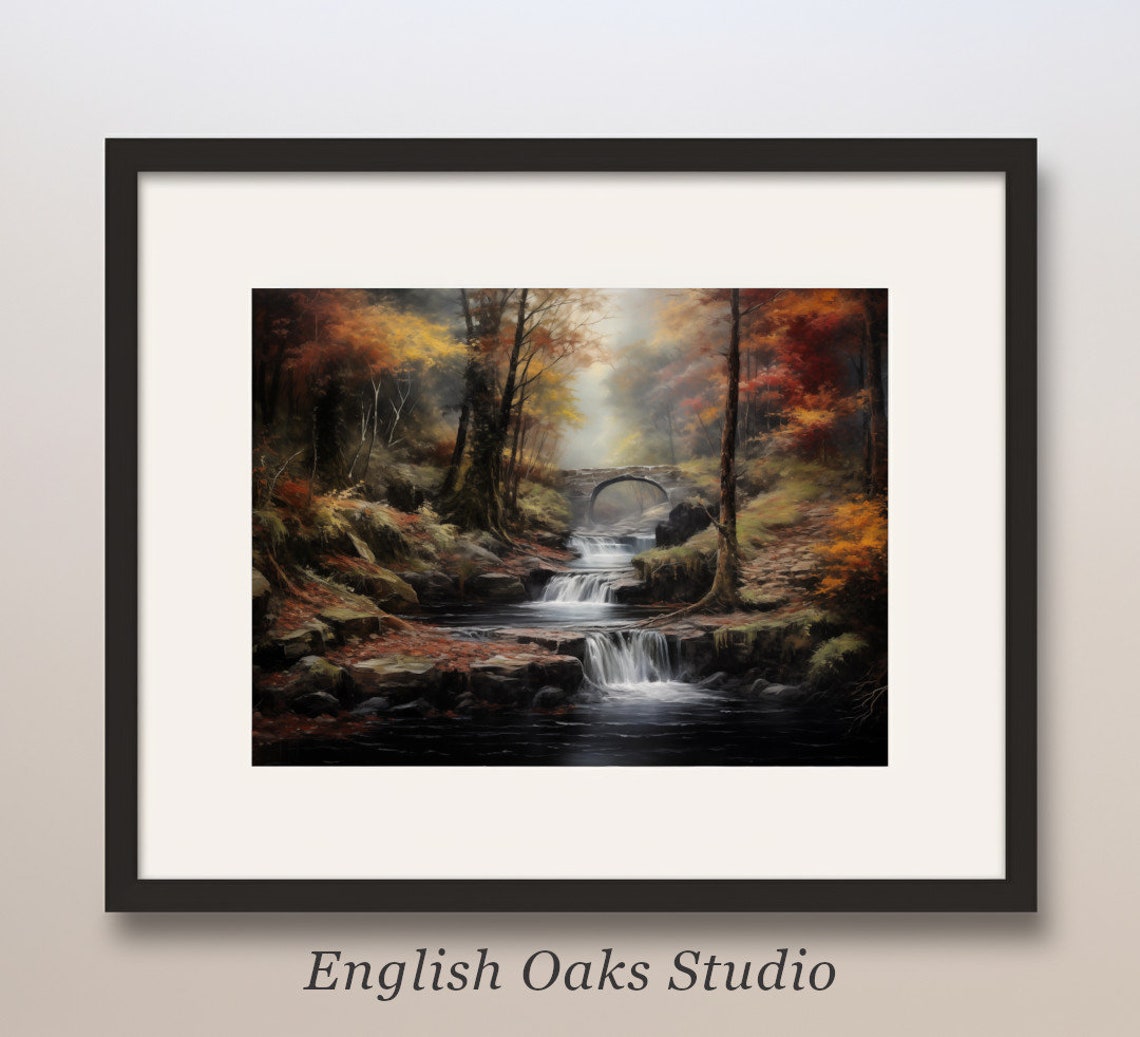 Rustic Fall River In The Forest Oil Painting Vintage River Forest Wall Art Print 02