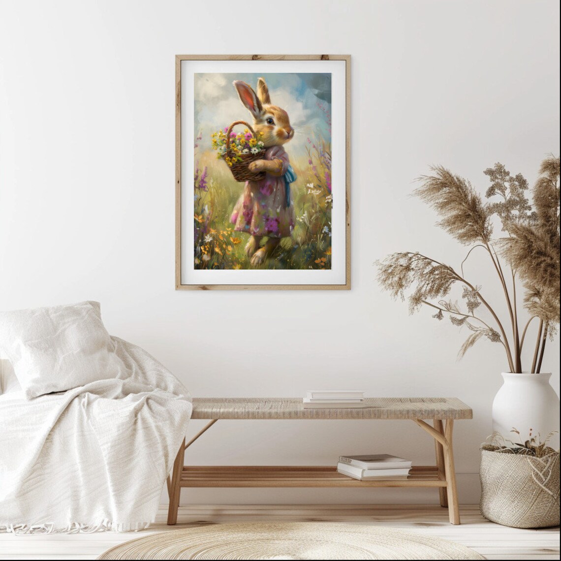 Easter Bunny Girl With Wildflowers, Farmhouse Print - Image 2