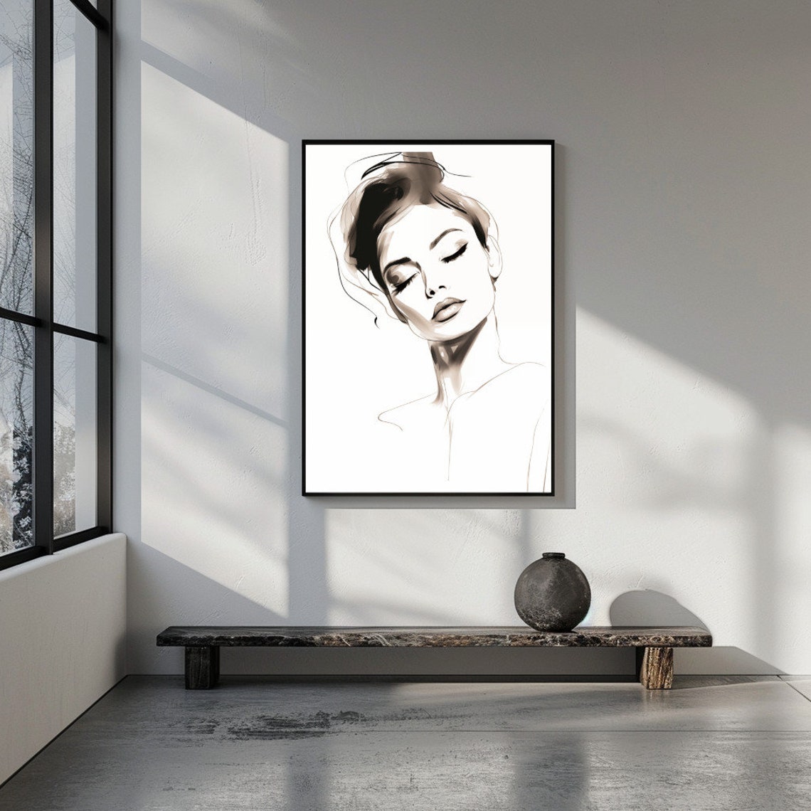 Minimalist Woman Face Sketch Ink Drawing Neutral Line Wall Art - Image 2