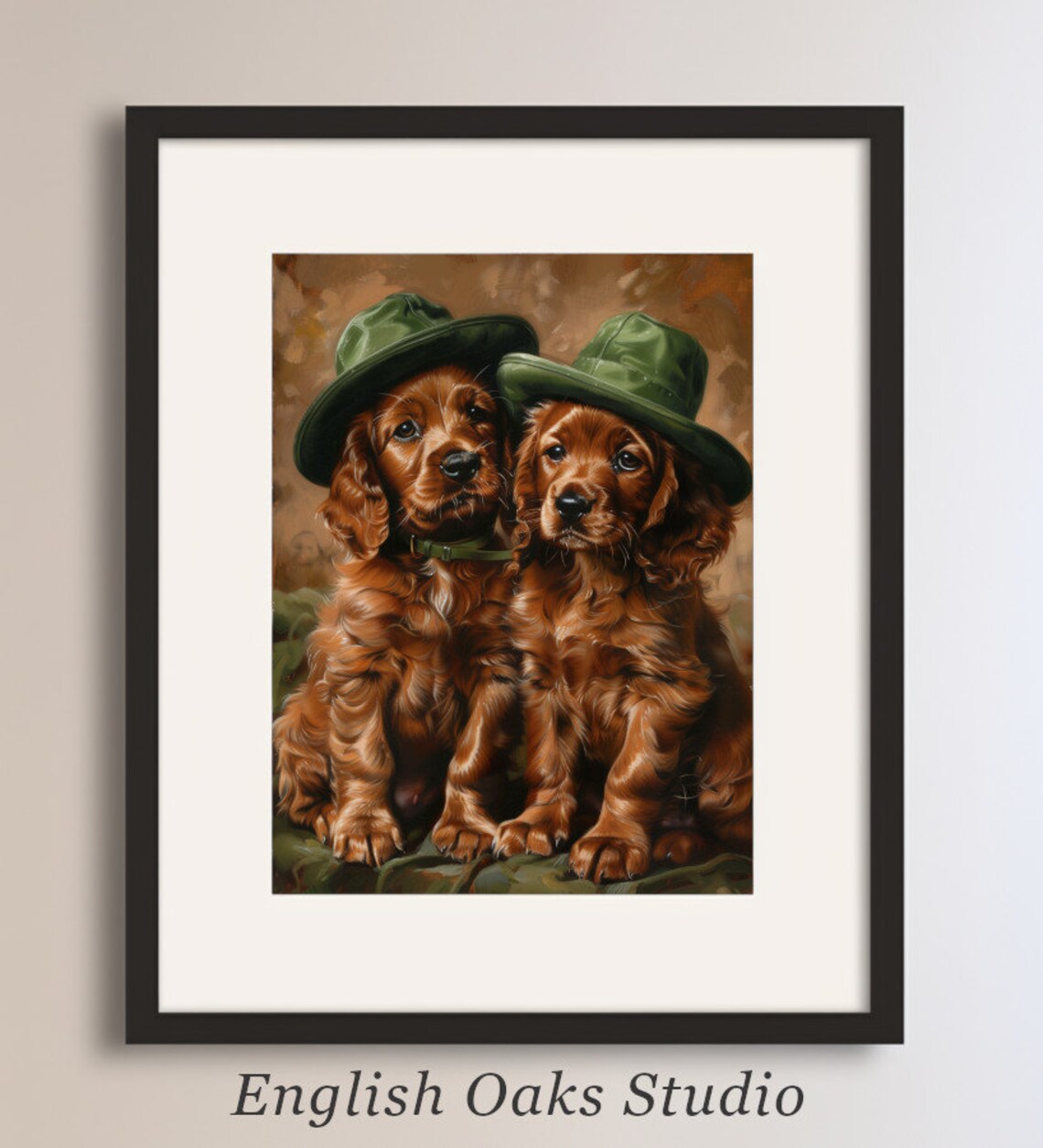 Spaniel Puppies in Green Hats St Patricks Day Cute Dog Wall Art