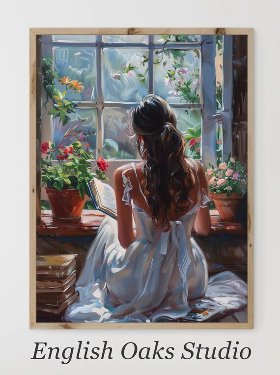 Young Woman Reading by a Sunny Window Vintage Portrait Wall Art