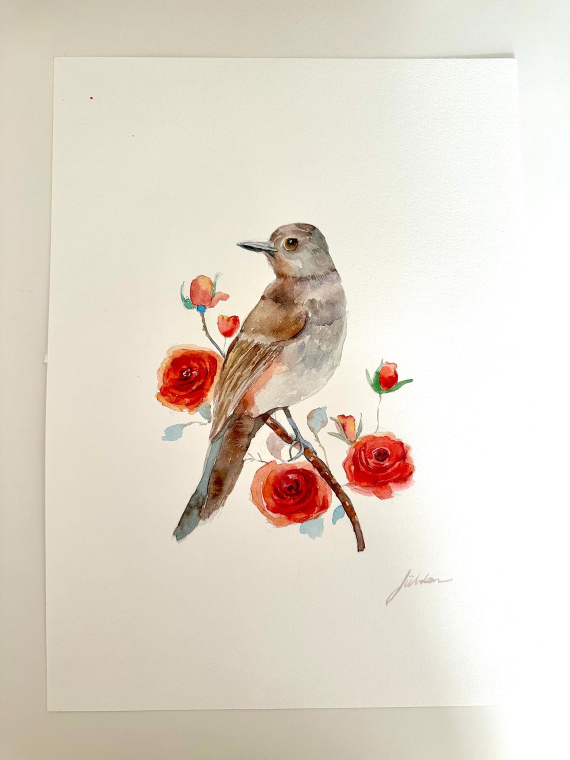 Songbird Perched Among Red Roses Watercolor Bird and Flower Poster - Image 5