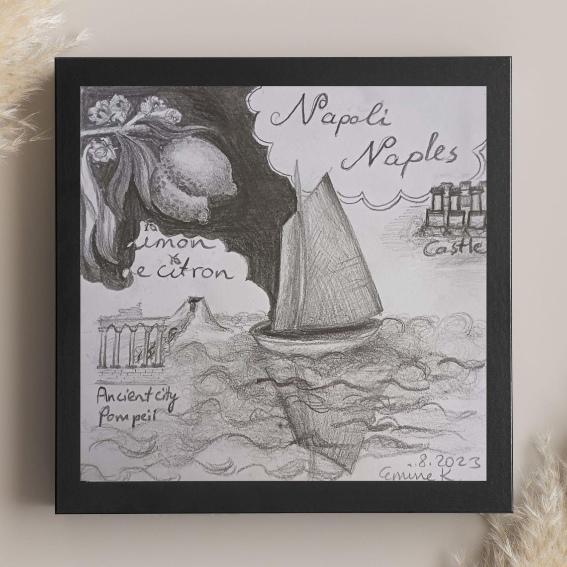 Napoli Naples Charcoal Sketch Sailboat Pompeii Lemon Travel Poster