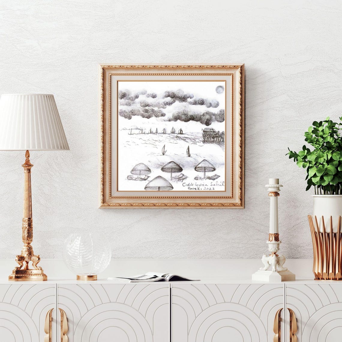 Caddebostan Beach Charcoal Sketch Moody Coastal Seaside Art Poster - Image 3