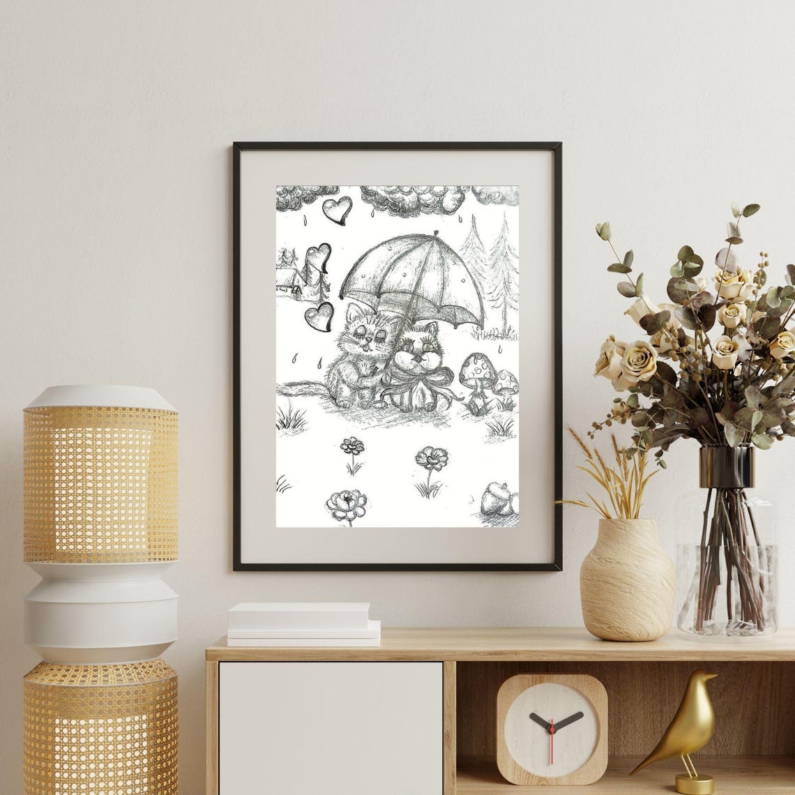 Two Kittens Under Umbrella Pencil Sketch Cute Rainy Day Poster - Image 4