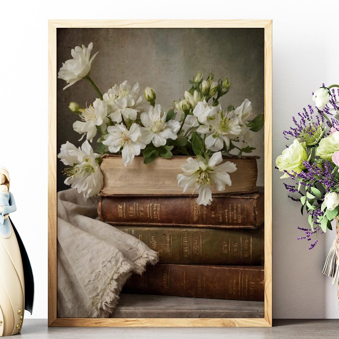 White Flowers Antique Books Stack Dark Academia Still Life Photo Poster