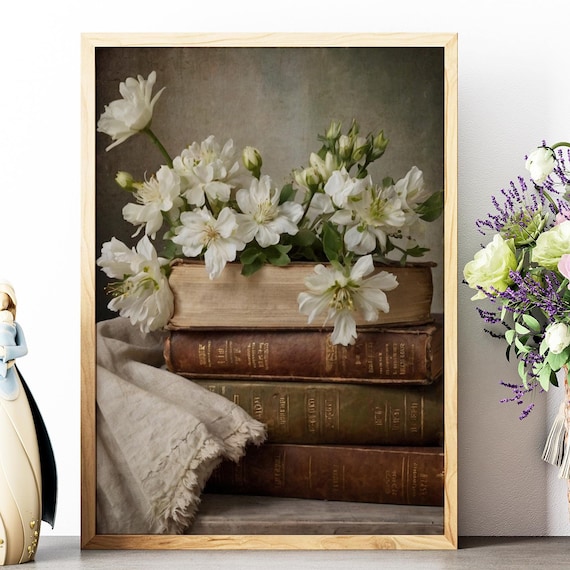 White Flowers Antique Books Stack Dark Academia Still Life Photo Poster