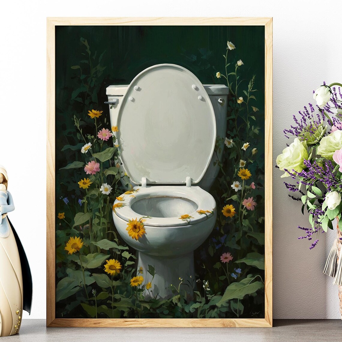 Toilet In Blooming Wildflowers Dark Green Moody Funny Bathroom Poster