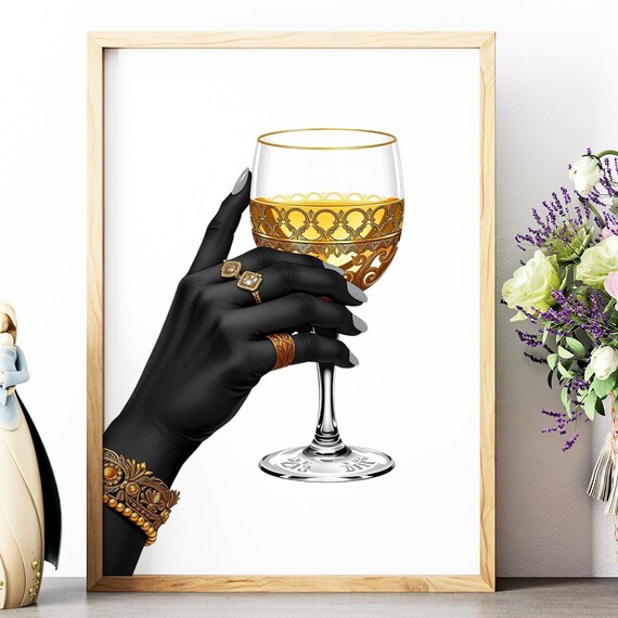 Elegant Hand Gold Wine Glass Rings Jewelry Fashion Illustration Poster