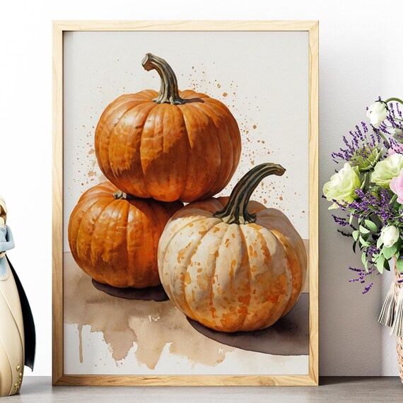 Three Pumpkins Watercolor Still Life Fall Autumn Harvest Wall Art
