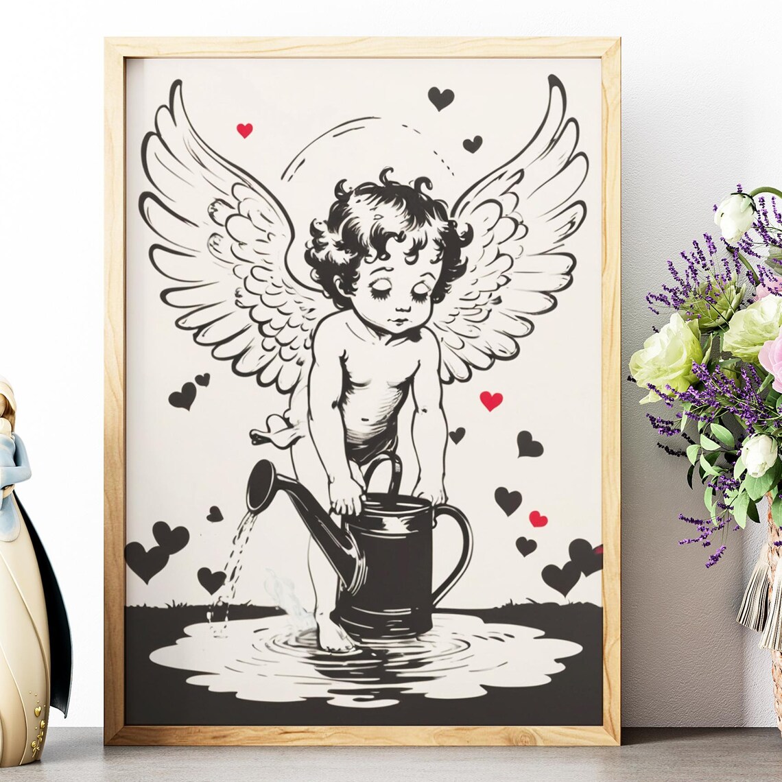 Cupid Cherub Watering Can Hearts Vintage Valentine Line Art Poster
