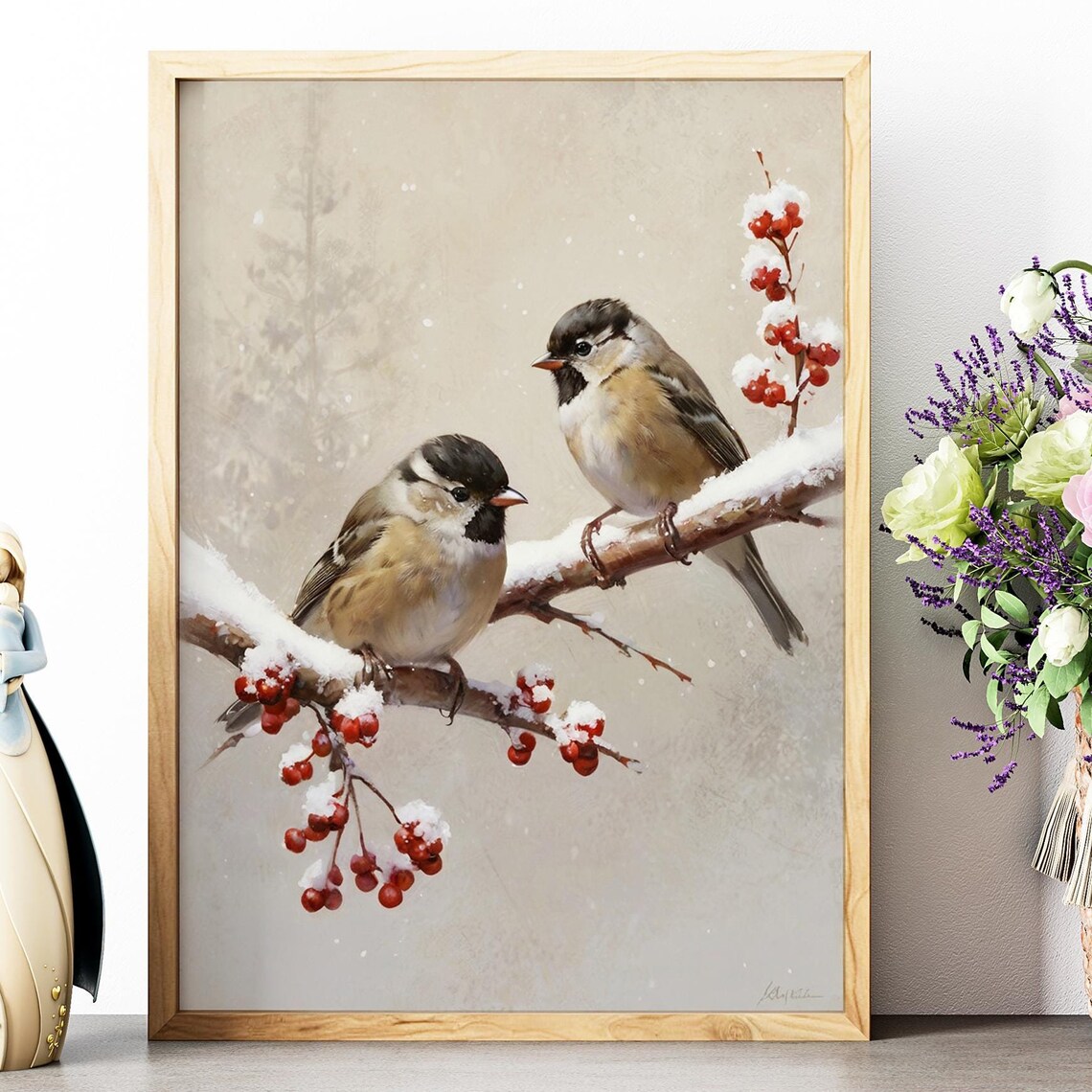 Two Winter Birds on Snowy Branch with Red Berries Bird Wall Art Print