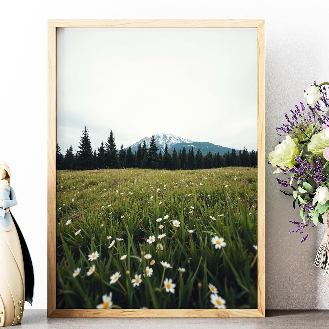 Wildflower Meadow Daisy Field Snow Capped Mountain Pine Forest Poster
