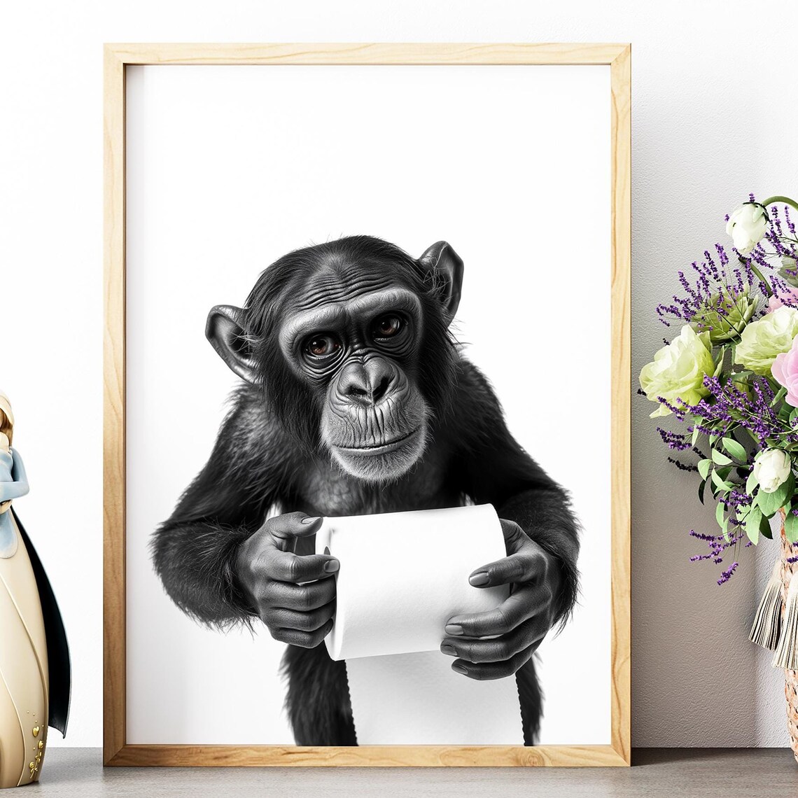 Chimpanzee Holding Toilet Paper Black And White Funny Bathroom Poster