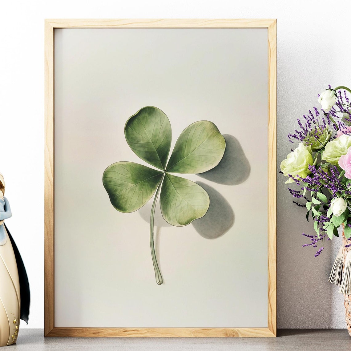 Four Leaf Clover Minimalist Watercolor Botanical Green Leaf Wall Art