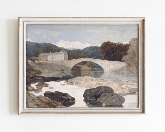 Vintage Landscape Painting Neutral Wall Art Moody Landscape Print Antique Watercolor Painting French Country Wall Decor Gallery Art