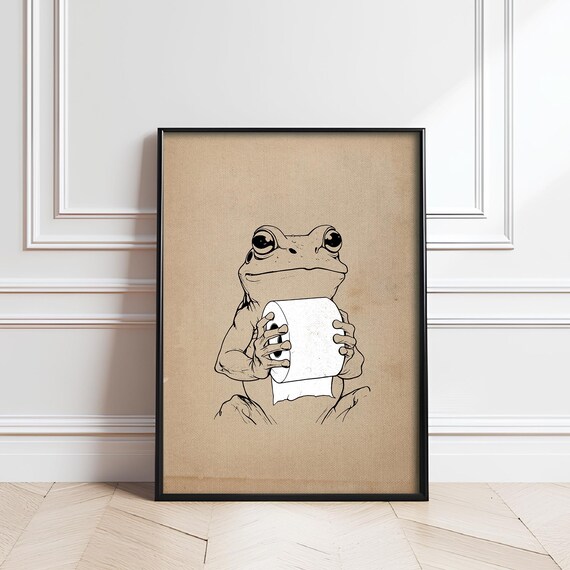 Frog Holding Toilet Paper Funny Bathroom Line Art Sketch Poster
