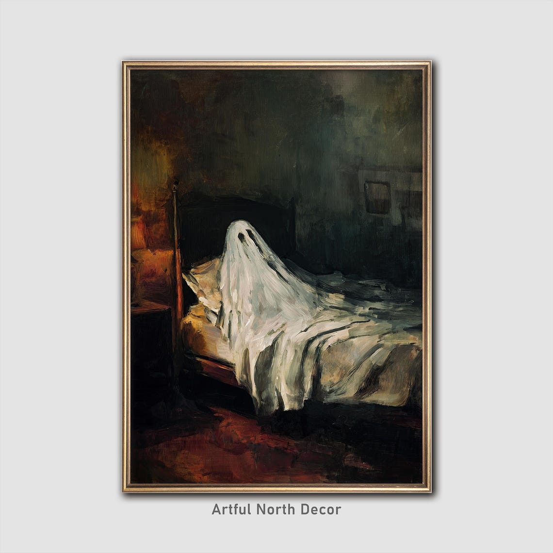 Spooky Ghost on Bed Moody Dark Academia Halloween Art Poster