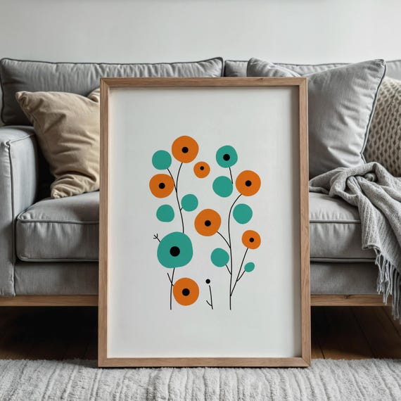 Abstract Floral Print Orange Teal Botanical Art