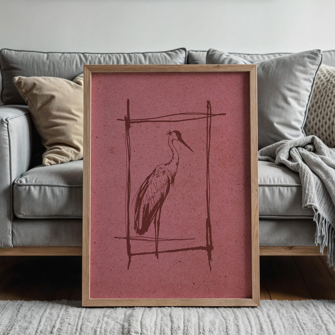 Japandi Crane Line Art Elegant Pink Bird Minimalist Sketch Poster