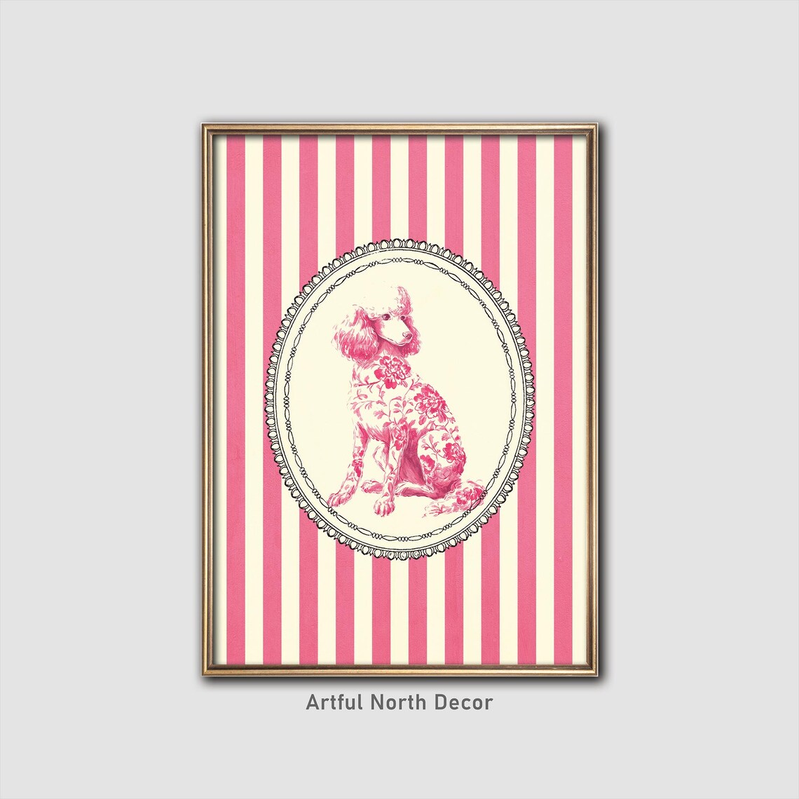 Pink Poodle In Oval Frame Striped Grandmillennial Dog Poster