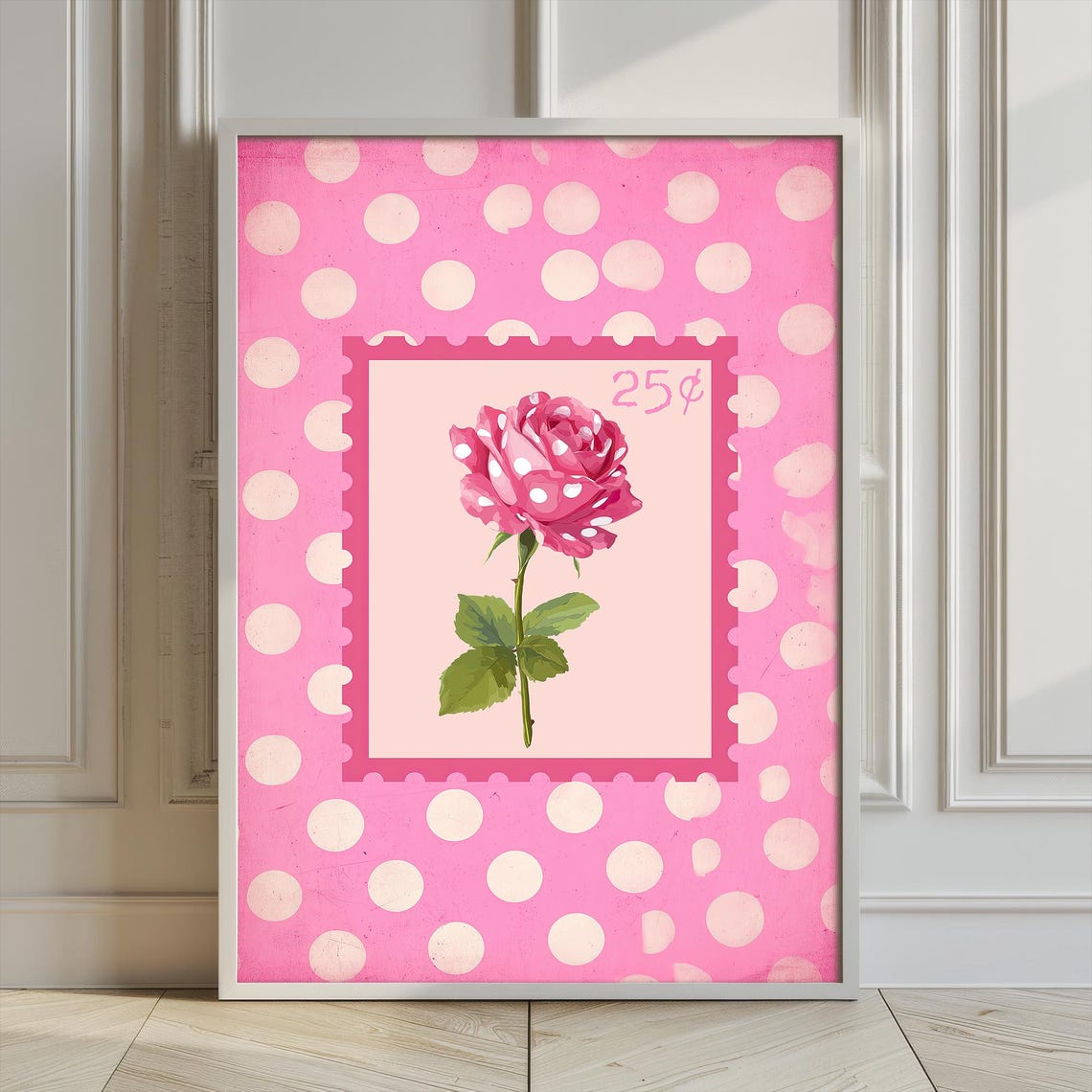 Pink Polka Dot Vintage Rose 25 Cent Stamp Style Floral Art Print