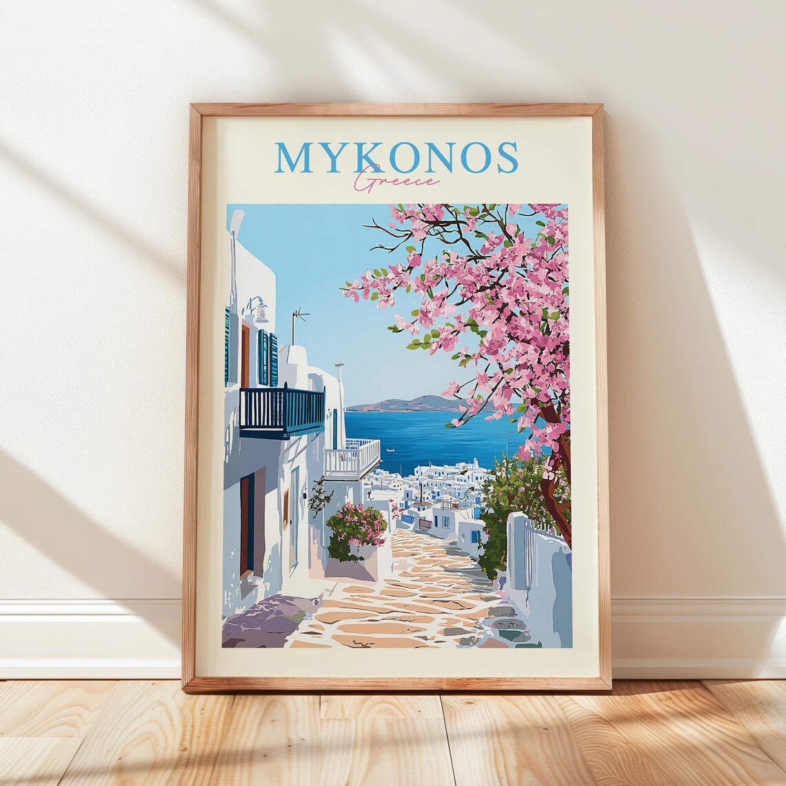 Mykonos Greece Vintage Whitewashed Lane Blossom Sea Travel Poster