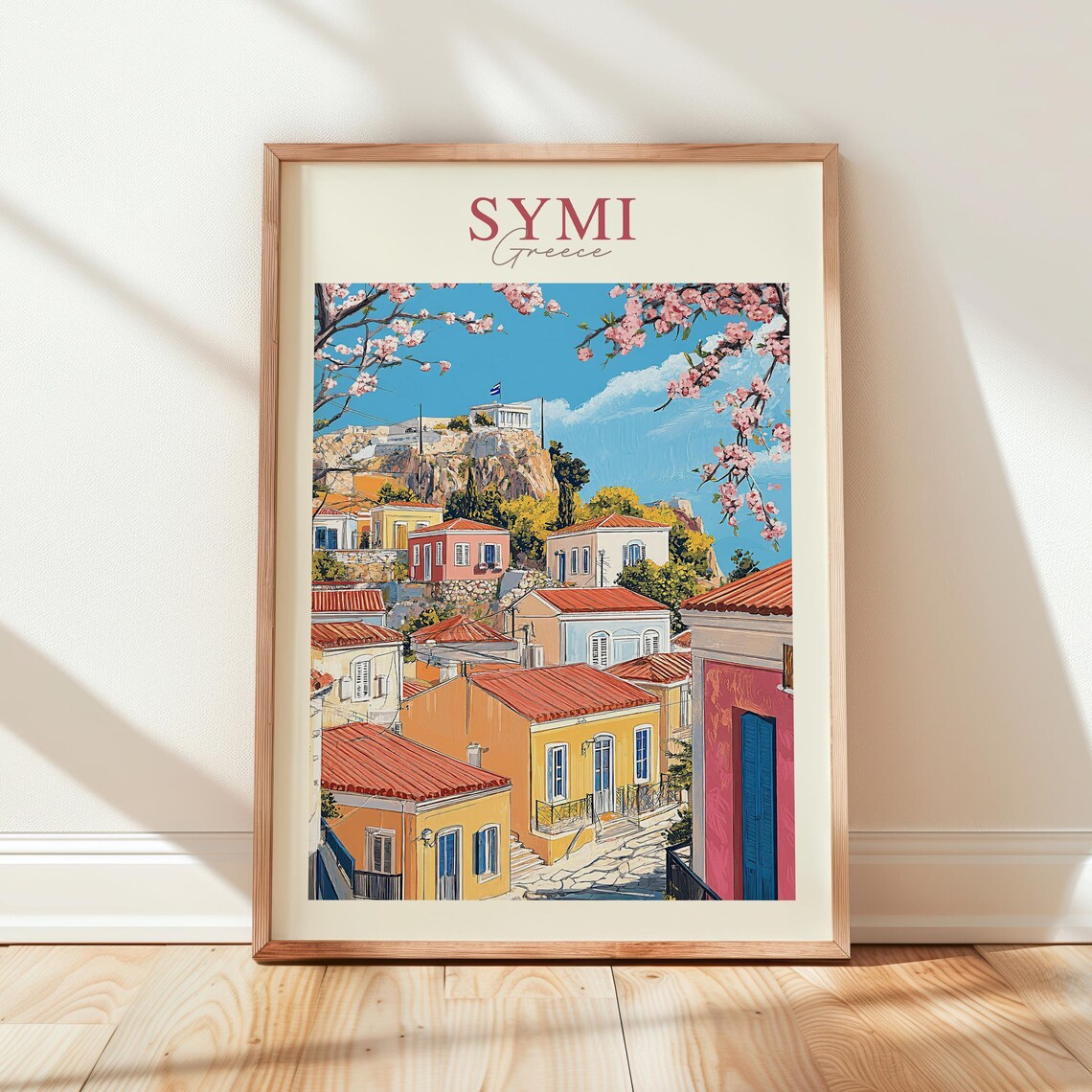 Symi Greece Colorful Island Houses Cherry Blossom Travel Poster