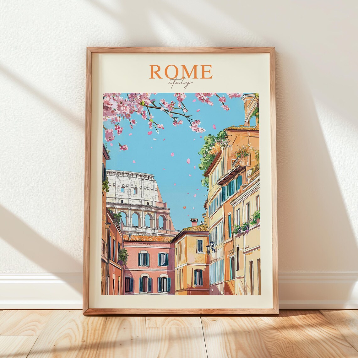Rome Italy Colosseum Street Cherry Blossom Vintage Travel Poster