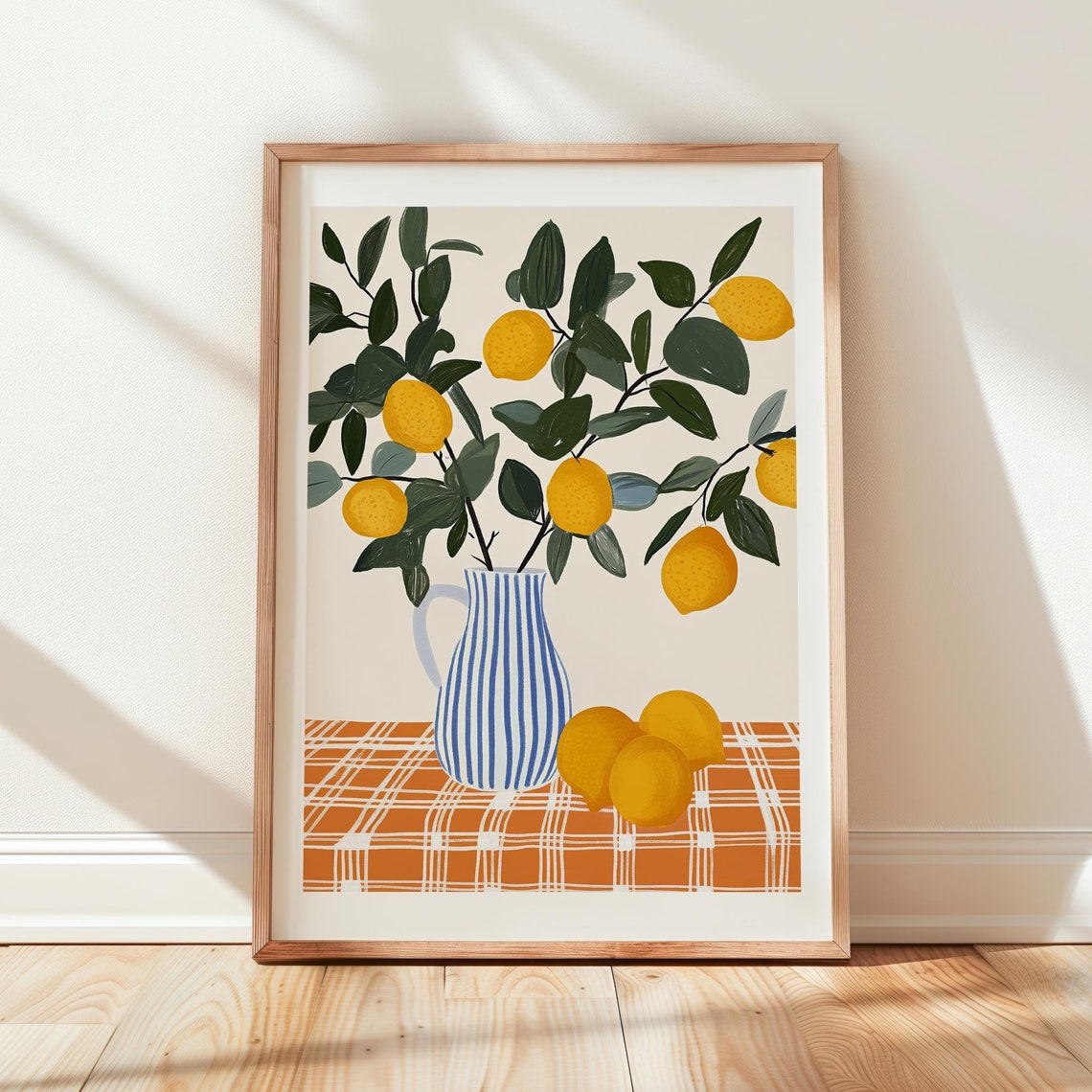 Lemons in Striped Blue Pitcher Orange Checkered Tablecloth Art Poster