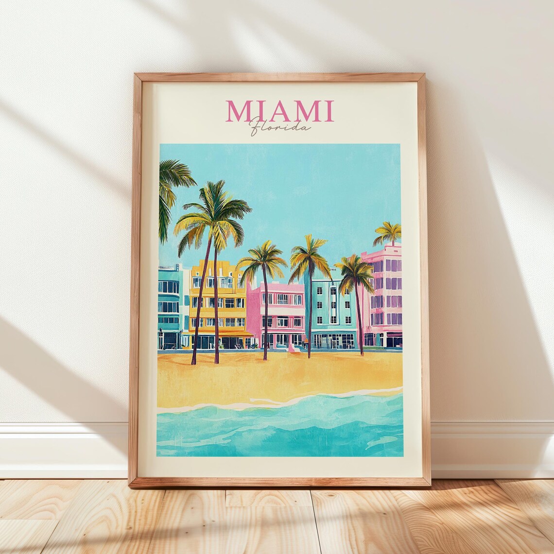 Miami Florida Art Deco Palms Beach Pastel Ocean Travel Poster