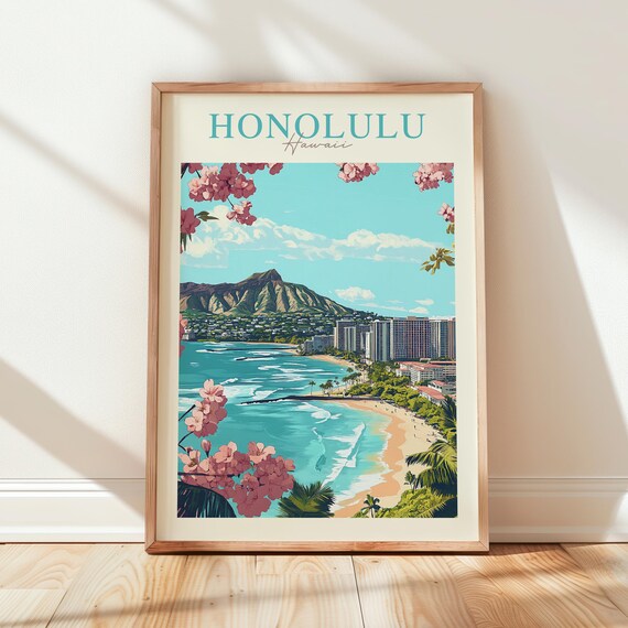 Honolulu Hawaii Wall Art Honolulu Print Hawaii Landscape Travel Poster Coastal Tropical Wall Art Honolulu Print