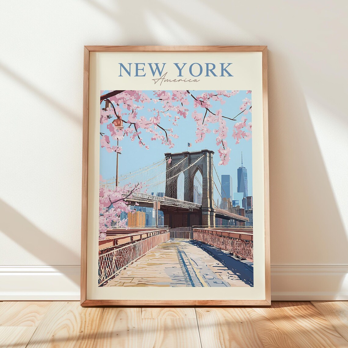 New York America Brooklyn Bridge Cherry Blossom Travel Poster