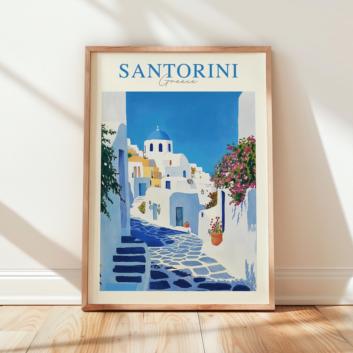 Santorini Greece Vintage Blue Dome White Houses Travel Poster
