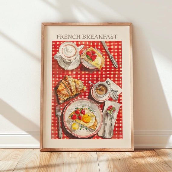 French Breakfast Wall Art Watercolor Effect Coffee Tea Omelette Croissant And Fresh Strawberries Wall Art Prints