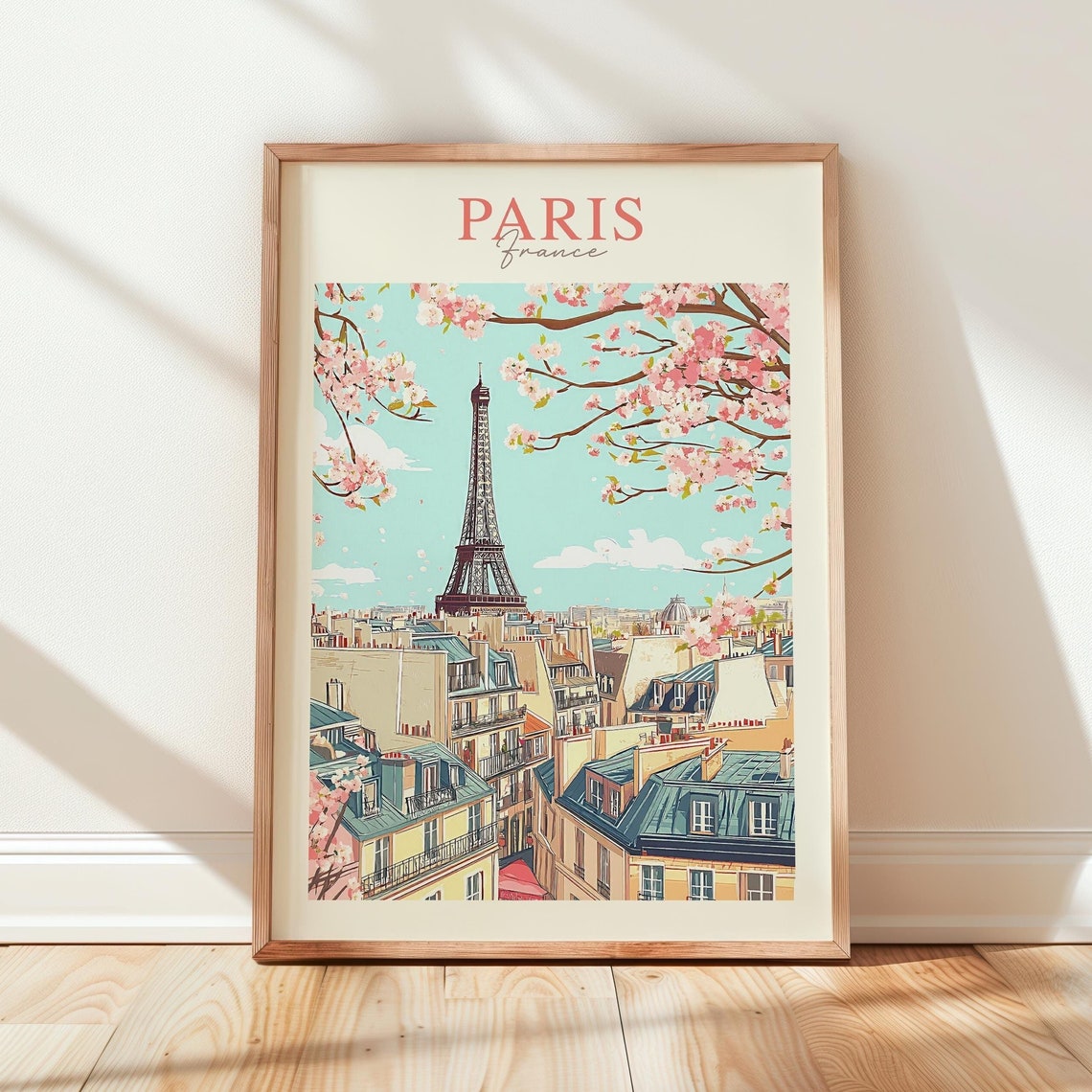 Paris France Eiffel Tower Cherry Blossom Rooftop Travel Poster