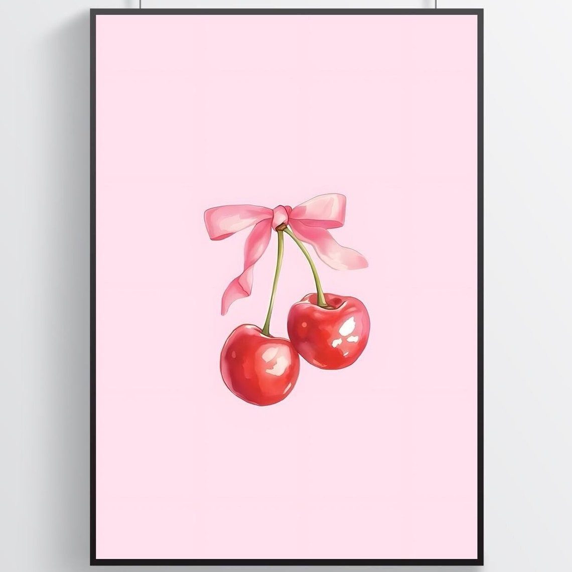 Red Cherries Pink Ribbon Bow Coquette Watercolor Kitchen Poster