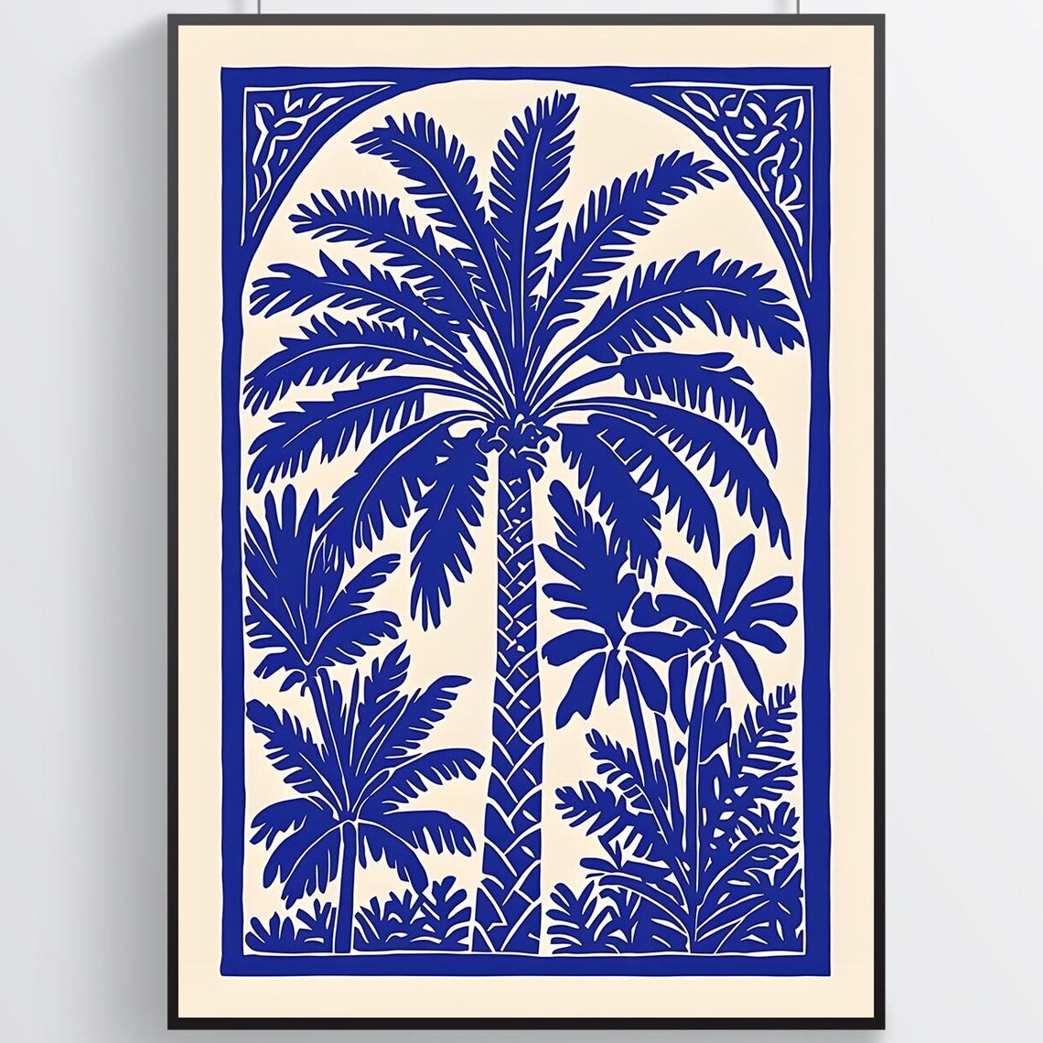 Blue Palm Tree Hand-Carved Linocut Botanical Tropical Art Poster