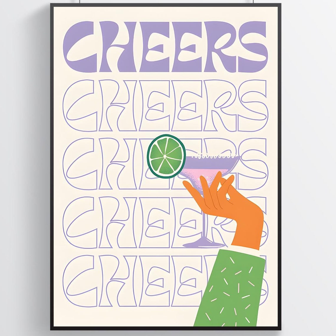 Cheers Repeated Groovy Cocktail Hand With Lime Retro Bar Poster