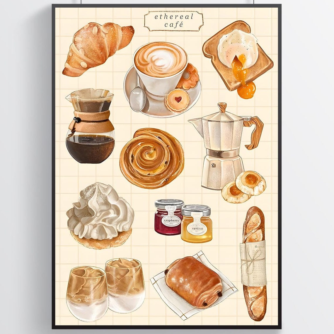 Ethereal Cafe Breakfast Spread Croissant Latte Illustrated Poster