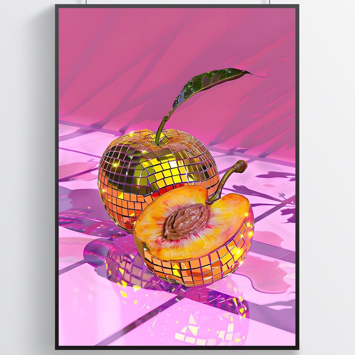 Disco Ball Peach Halved Mirrorball Fruit Hot Pink Party Poster