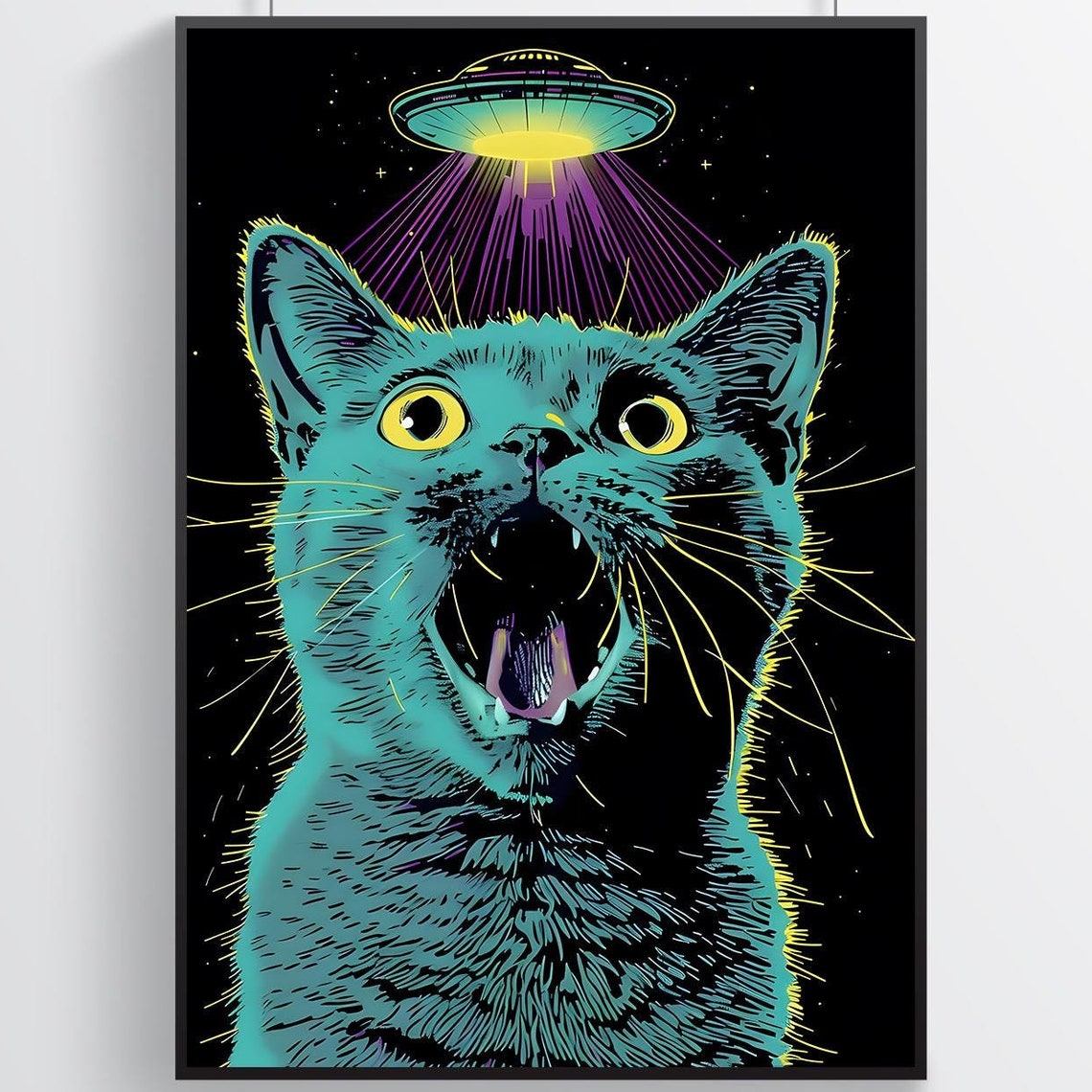 Cat UFO Tractor Beam Neon Blacklight Sci Fi Funny Animal Poster