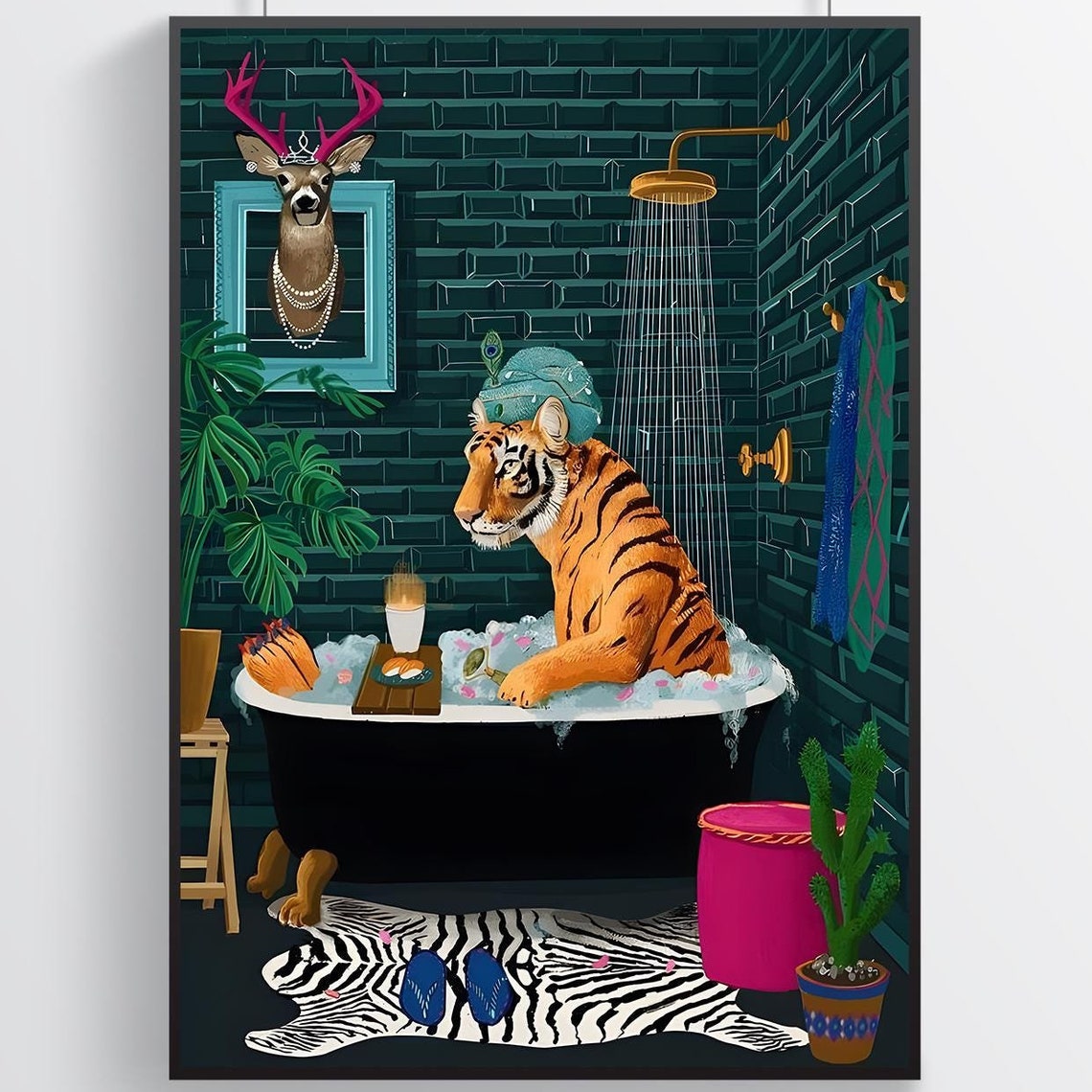 Tiger Bubble Bath Clawfoot Tub Teal Maximalist Bathroom Poster