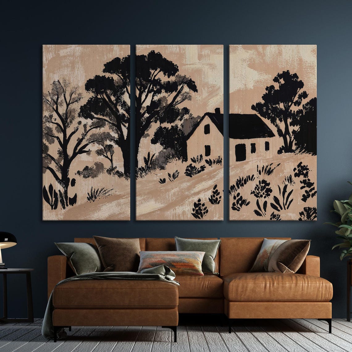Cozy Cottage Black And Beige Art Framed Print Abstract Rural Landscape Painting Trees Wall Art Farmhouse Decor Ready To Hang - Image 6