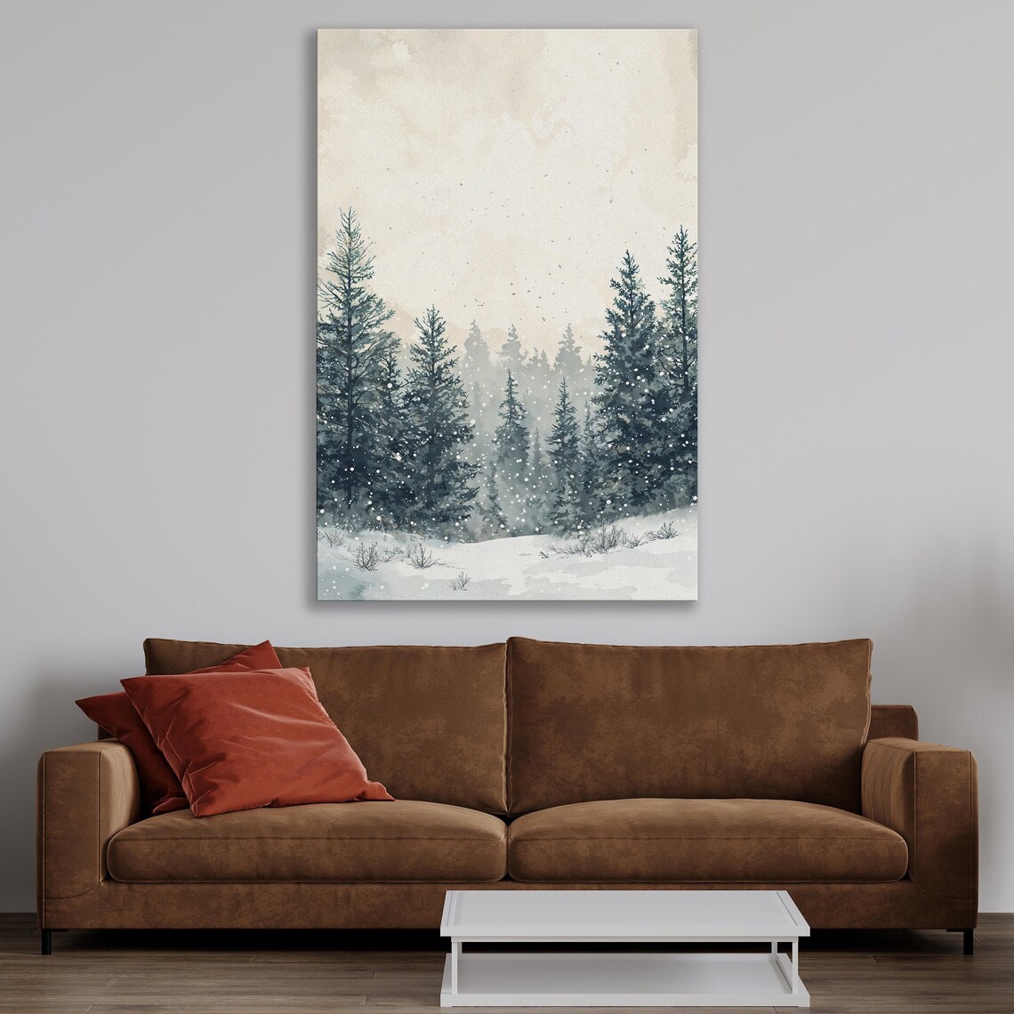 Snowy Pine Forest Fading in Soft Winter Fog Watercolor Print - Image 4