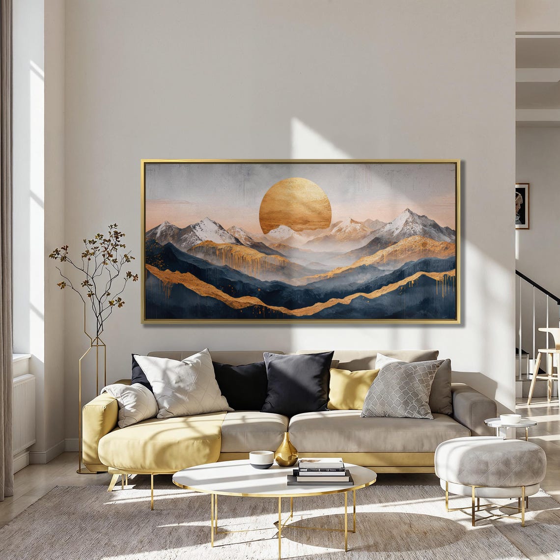 Golden Sun Over Snowy Mountain Peaks Abstract Painting Poster - Image 4