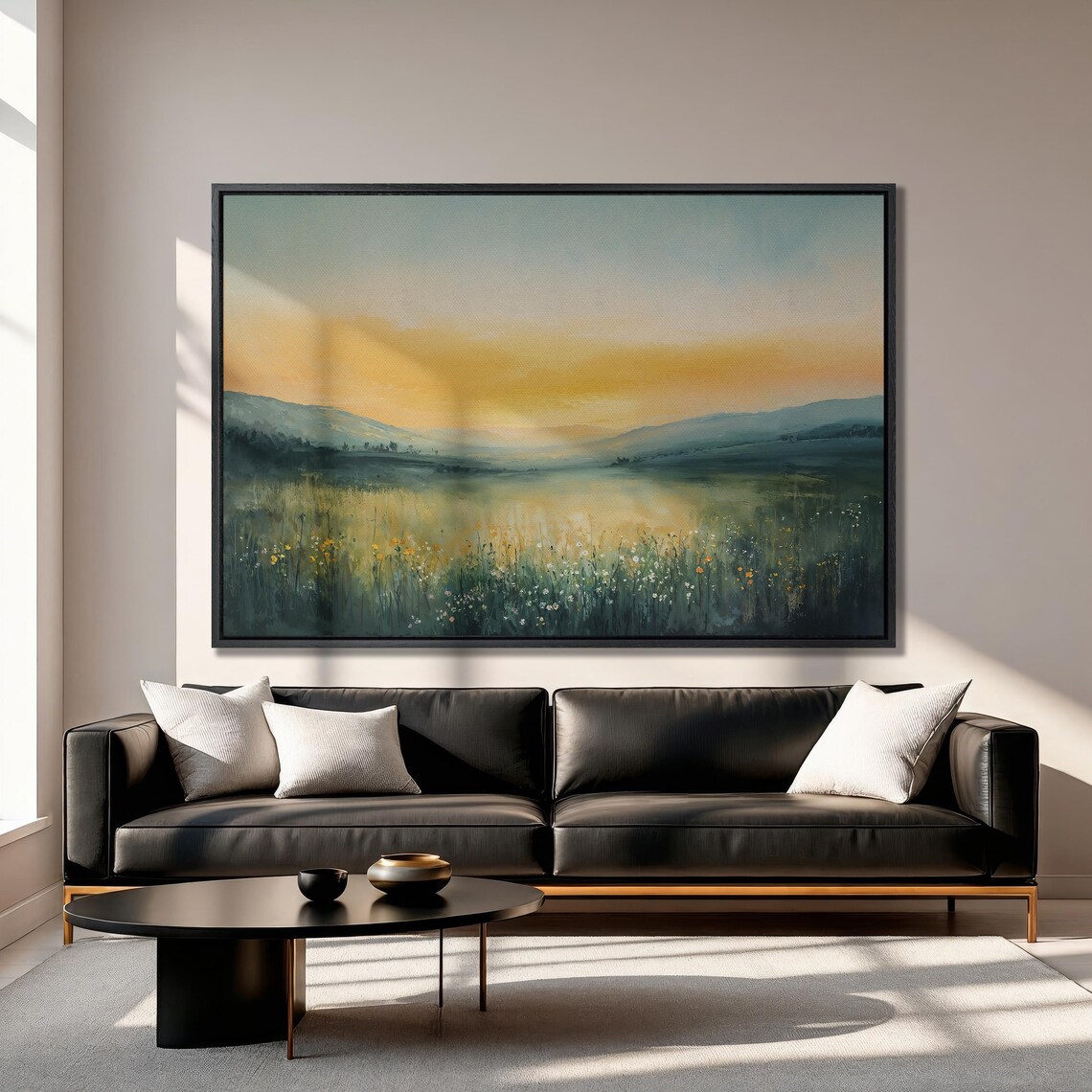 Golden Sunset Over a Wildflower Valley with Mountains Poster - Image 3